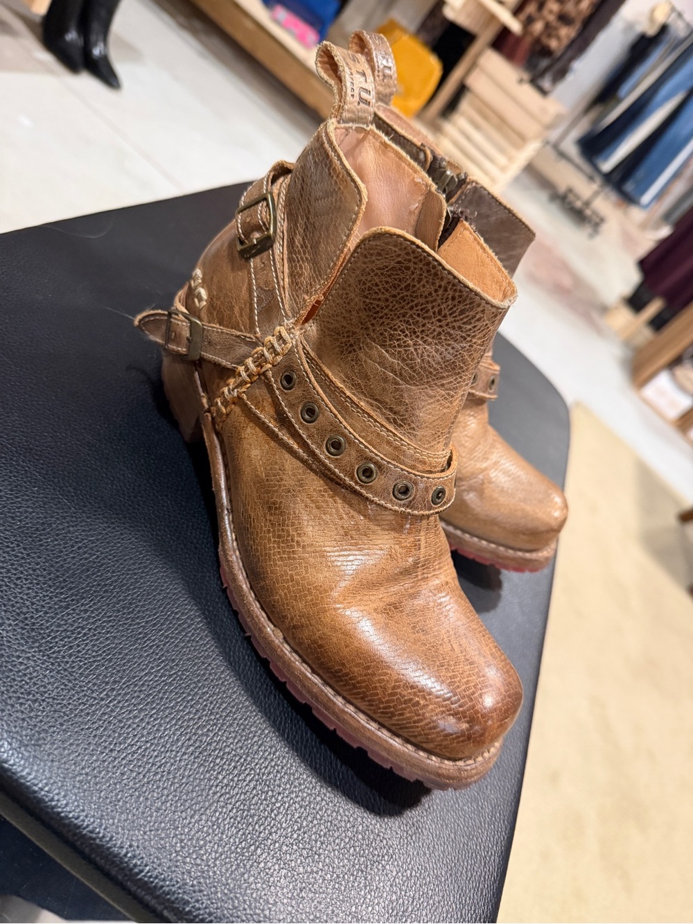 Bed Stu Tan Leather Ankle Booties with Studded Strap